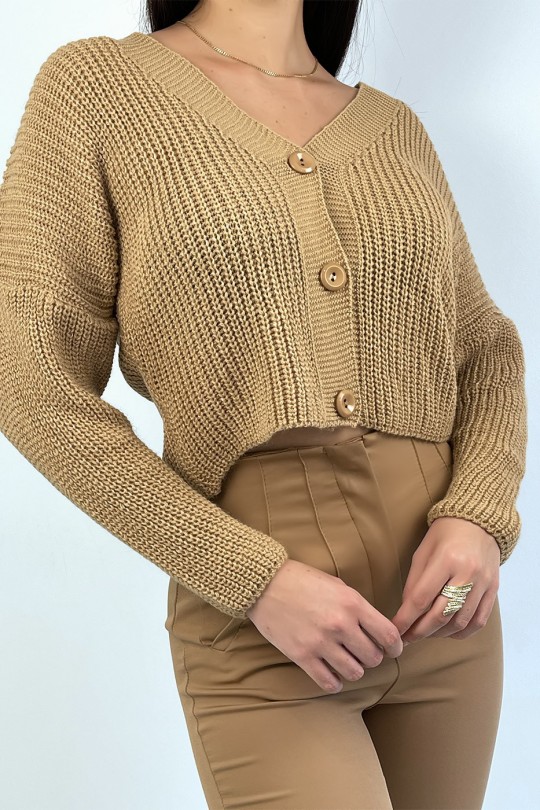 Trendy camel acrylic knit cardigan - 3