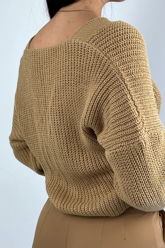 Trendy camel acrylic knit cardigan - 4