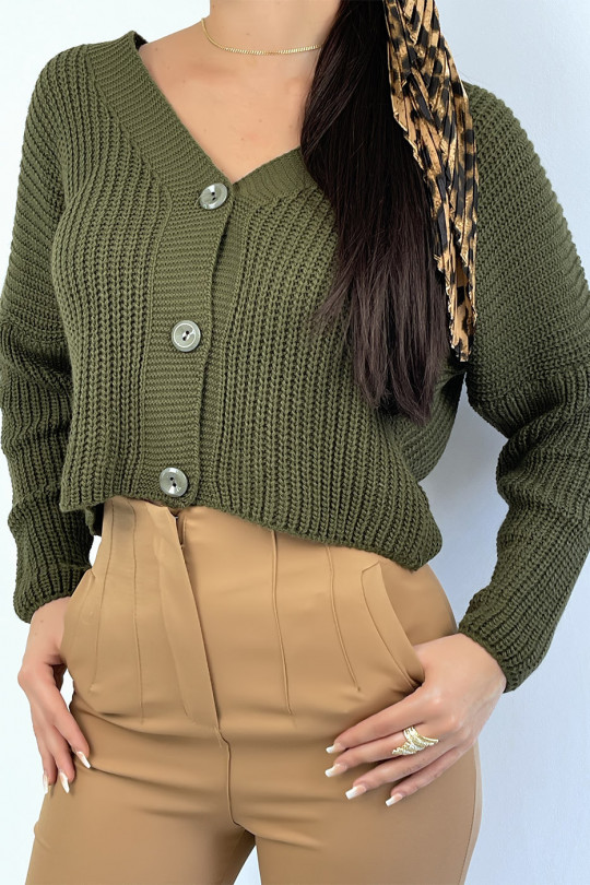Trendy khaki acrylic knit cardigan - 1
