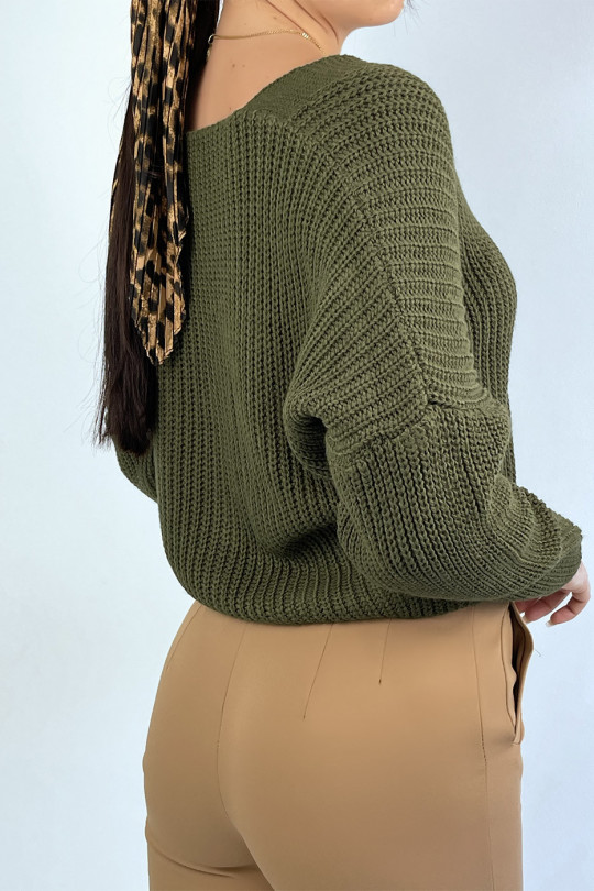 Trendy khaki acrylic knit cardigan - 4