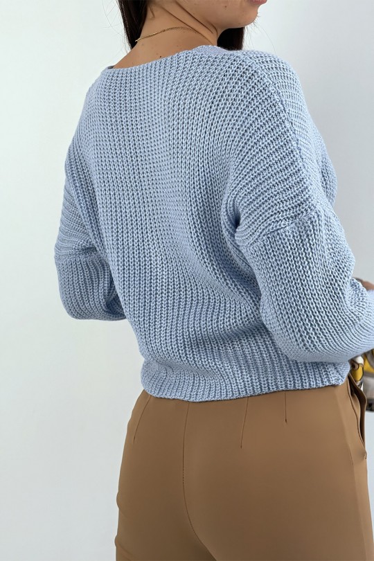 Trendy turquoise acrylic knit cardigan - 4