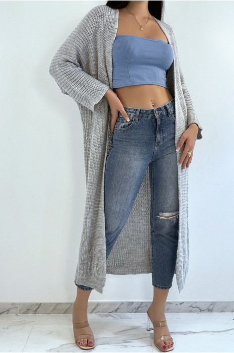 Long gilet en maille acrylique gris très chic - 1