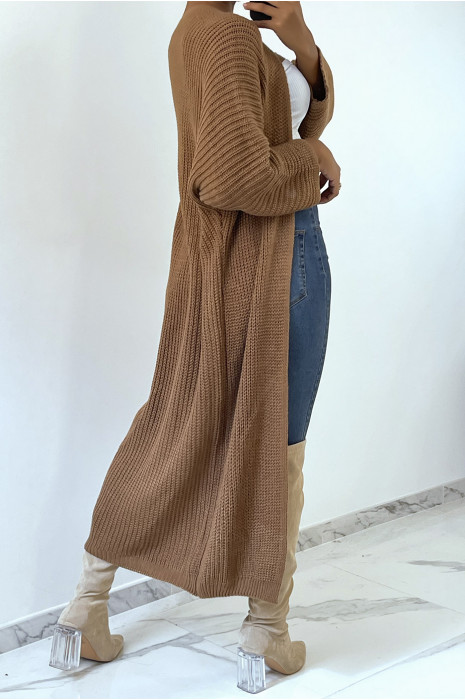 Long gilet en maille acrylique camel très chic - 2