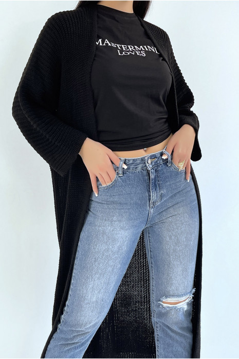 Long gilet en maille acrylique noir très chic - 1