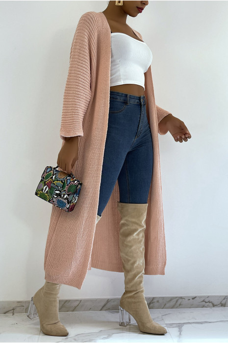 Long gilet en maille acrylique rose très chic - 1