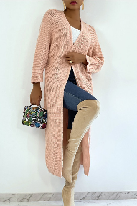 Long gilet en maille acrylique rose très chic - 3