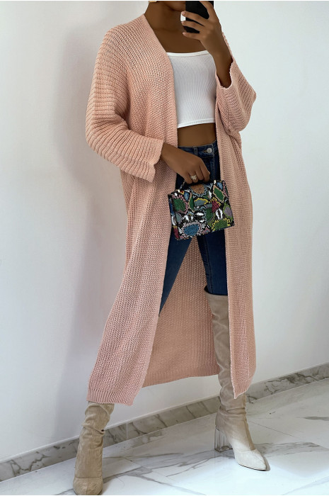 Long gilet en maille acrylique rose très chic - 4