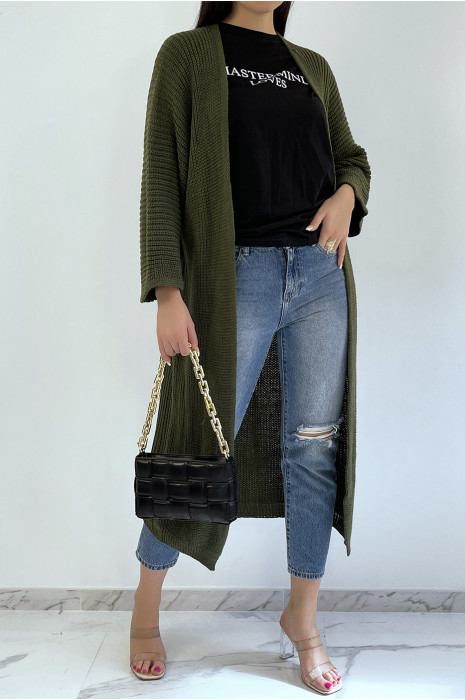 Long gilet en maille acrylique kaki très chic - 1