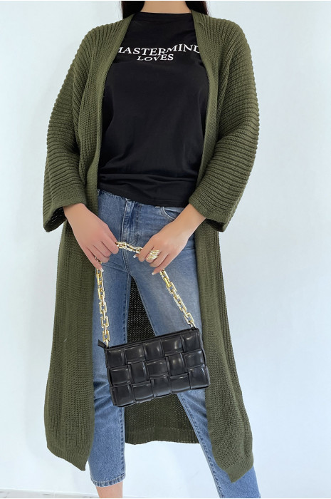 Long gilet en maille acrylique kaki très chic - 2