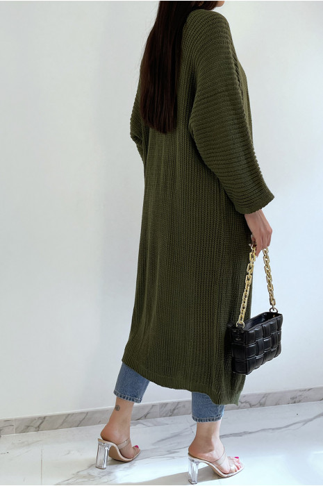 Long gilet en maille acrylique kaki très chic - 3