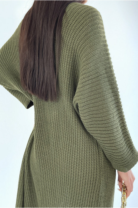 Long gilet en maille acrylique kaki très chic - 4