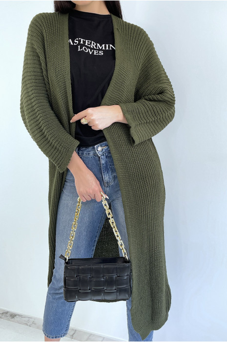 Long gilet en maille acrylique kaki très chic - 5