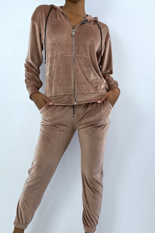 Pink peach skin jogging set with pockets and hood - 1
