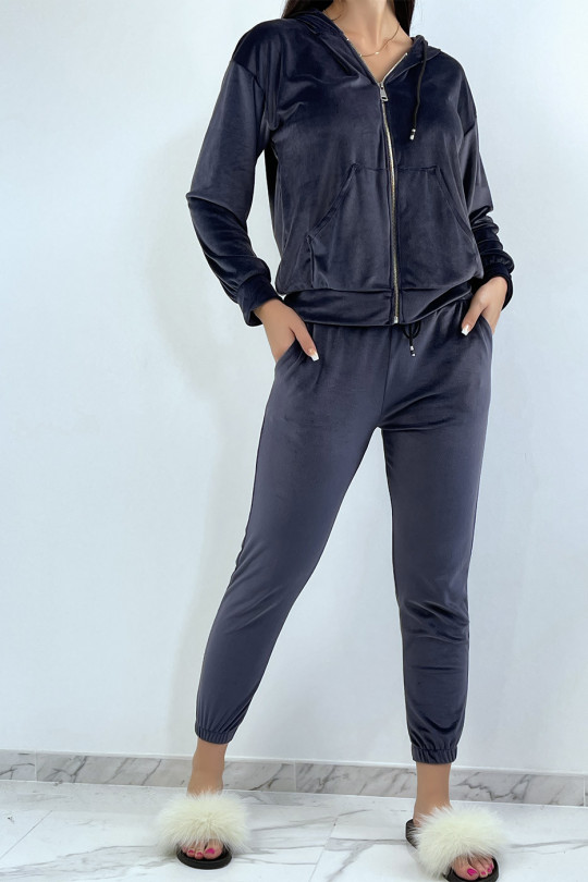 Navy peach skin jogging set with pockets and hood - 1
