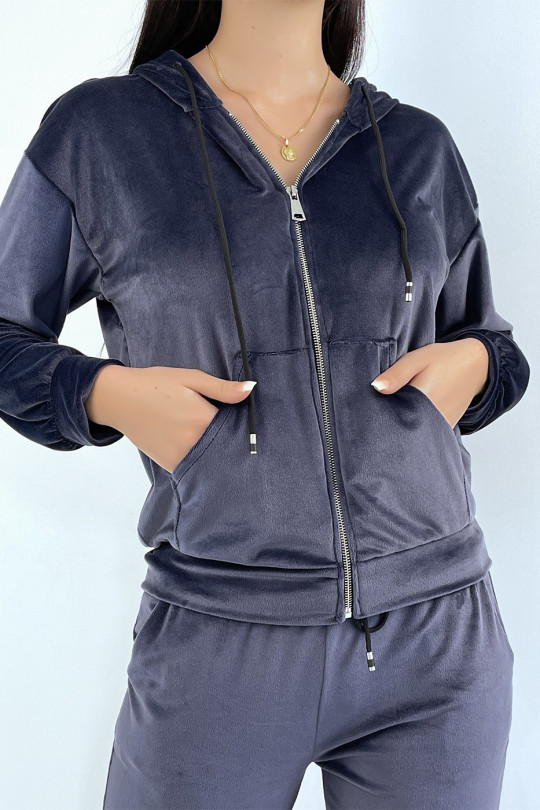Navy peach skin jogging set with pockets and hood - 2