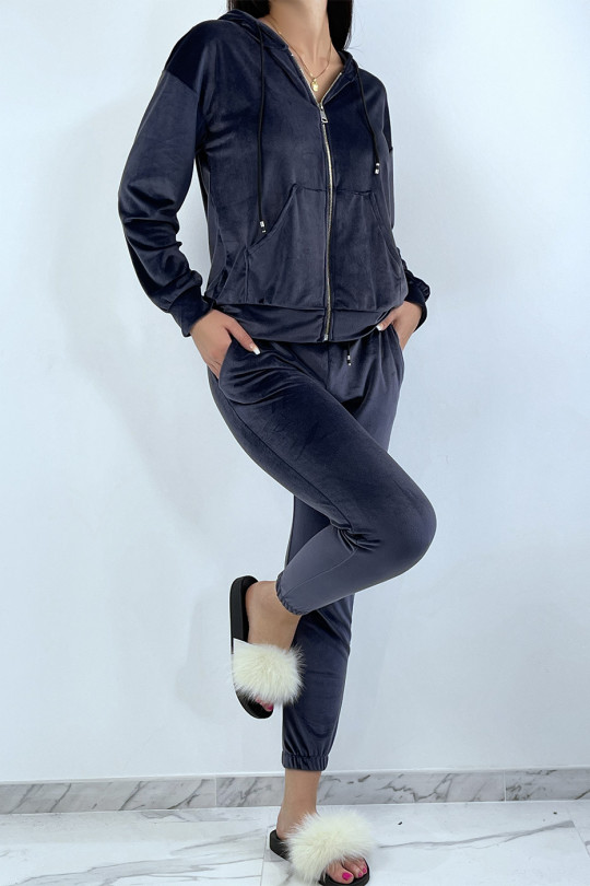 Navy peach skin jogging set with pockets and hood - 5
