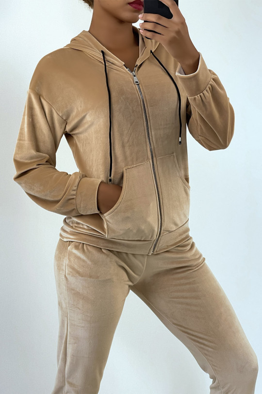 EnCCmble camel jogging pants in peach skin with pockets and hood - 3