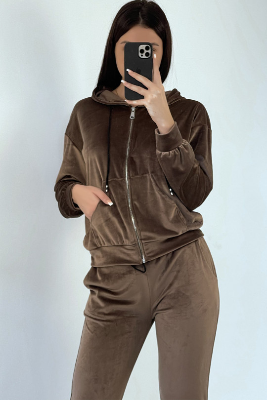 Chocolate peach skin jogging set with pockets and hood - 6