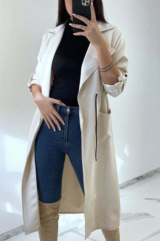 Long beige blazer fitted at the waist with pockets - 5