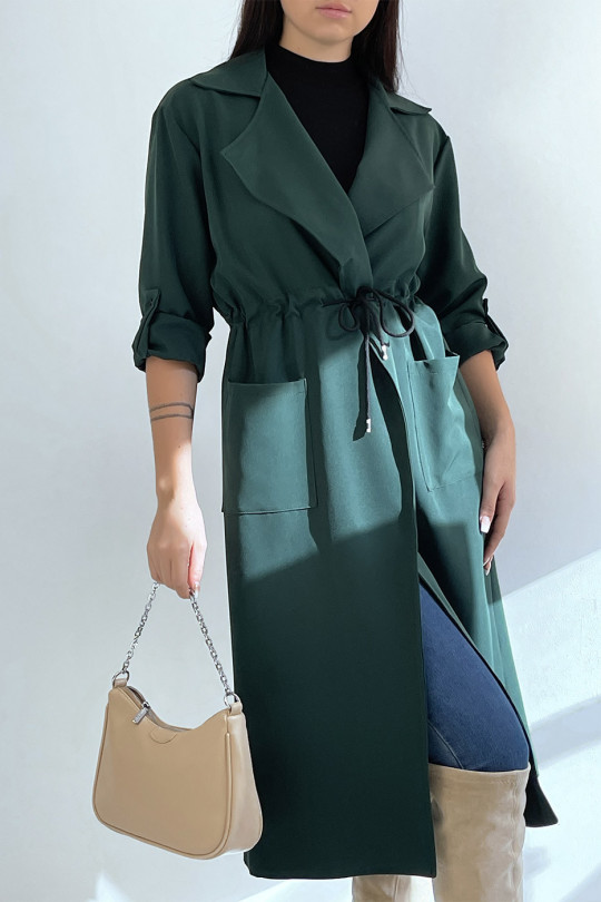 Long green blazer fitted at the waist with pockets - 2