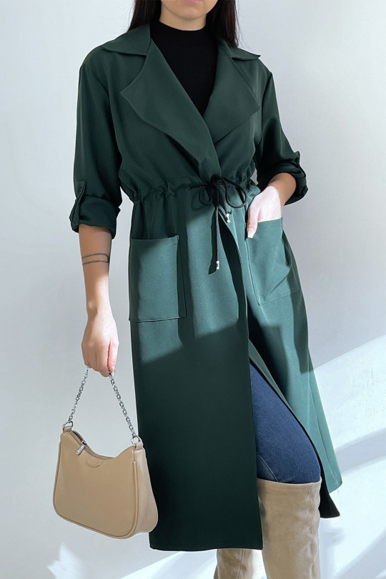 Long green blazer fitted at the waist with pockets - 3