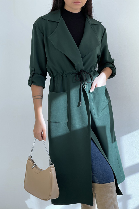 Long green blazer fitted at the waist with pockets - 4