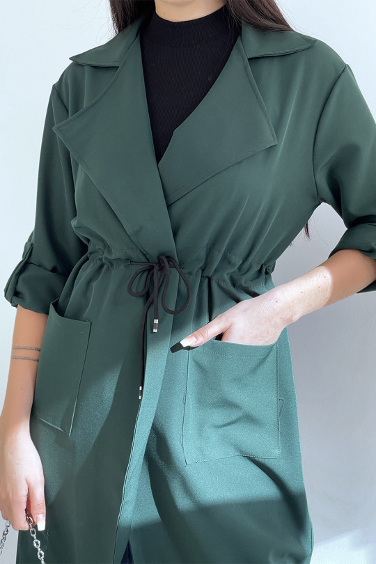 Long green blazer fitted at the waist with pockets - 5