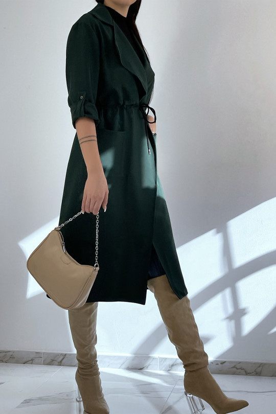 Long green blazer fitted at the waist with pockets - 7