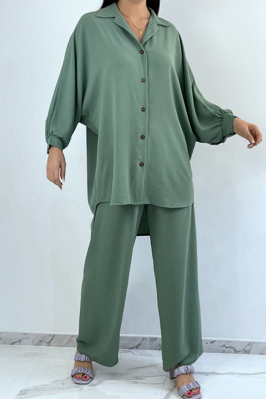 Loose, long shirt set in green with palazzo pants - 1