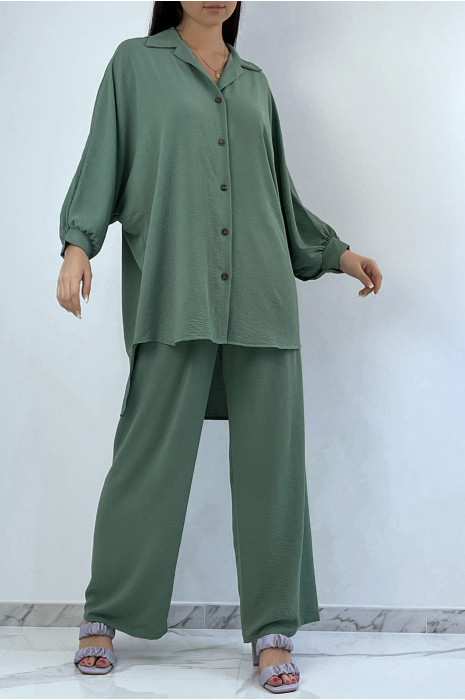 loose and long shirt set in green with palazzo pants