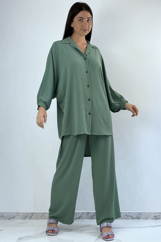 Loose, long shirt set in green with palazzo pants - 3