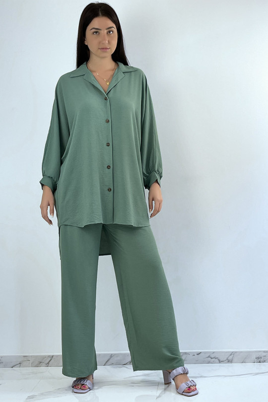 Loose, long shirt set in green with palazzo pants - 4