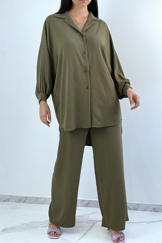 Loose and long khaki shirt set with palazzo pants - 1