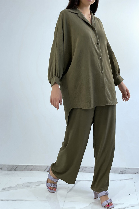 Loose and long khaki shirt set with palazzo pants - 2