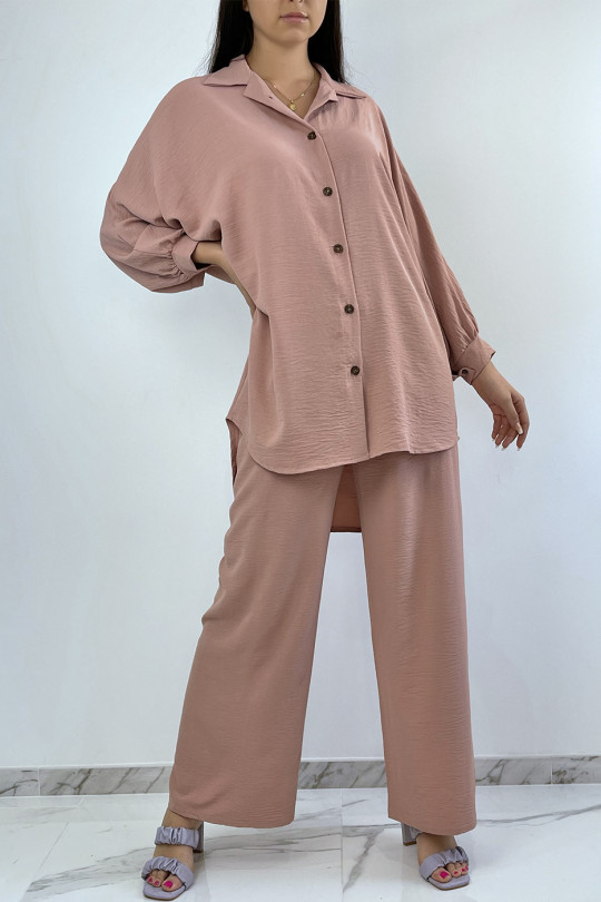 Loose and long shirt set in pink with palazzo pants - 1