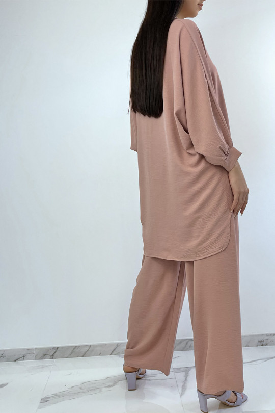 Loose and long shirt set in pink with palazzo pants - 2