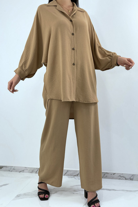 Loose and long camel shirt set with palazzo pants - 1