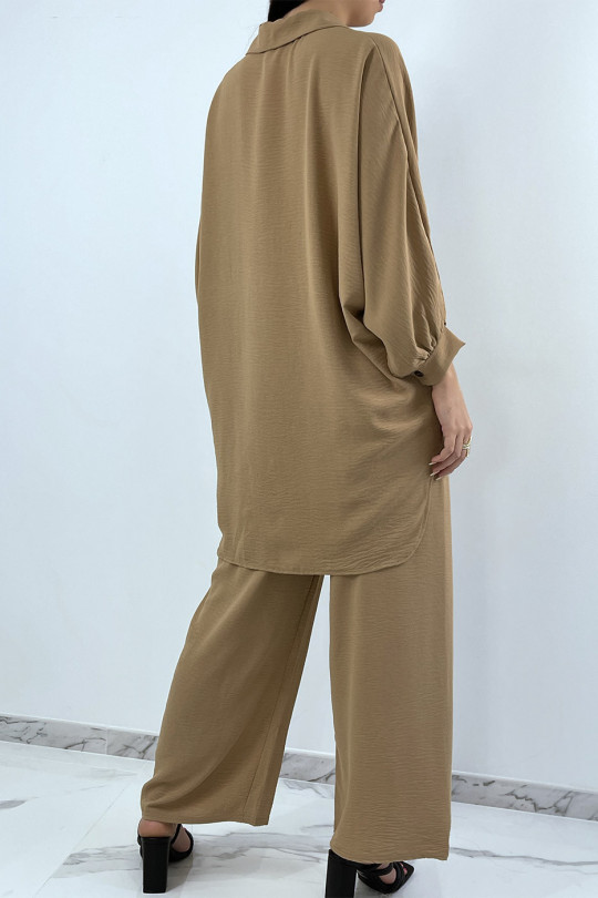 Loose and long camel shirt set with palazzo pants - 3