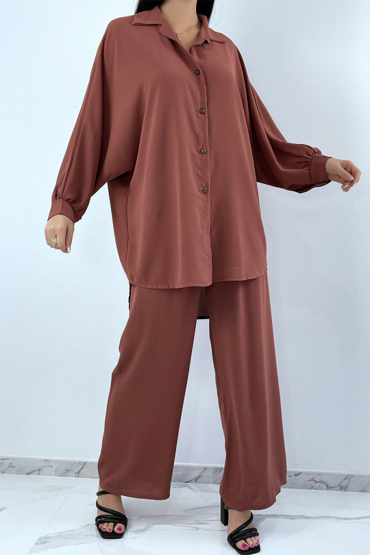 Loose and long cognac shirt set with palazzo pants - 1