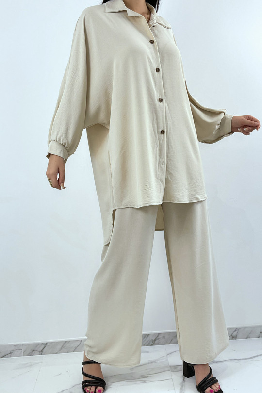 Loose and long shirt set in beige with palazzo pants - 1