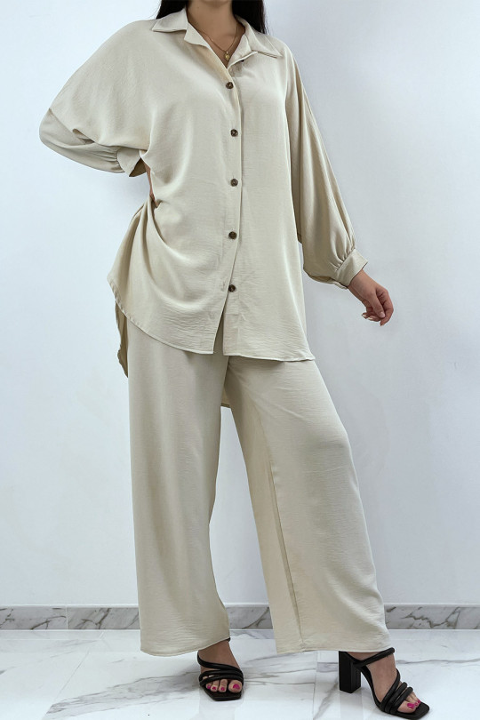 Loose and long shirt set in beige with palazzo pants - 2