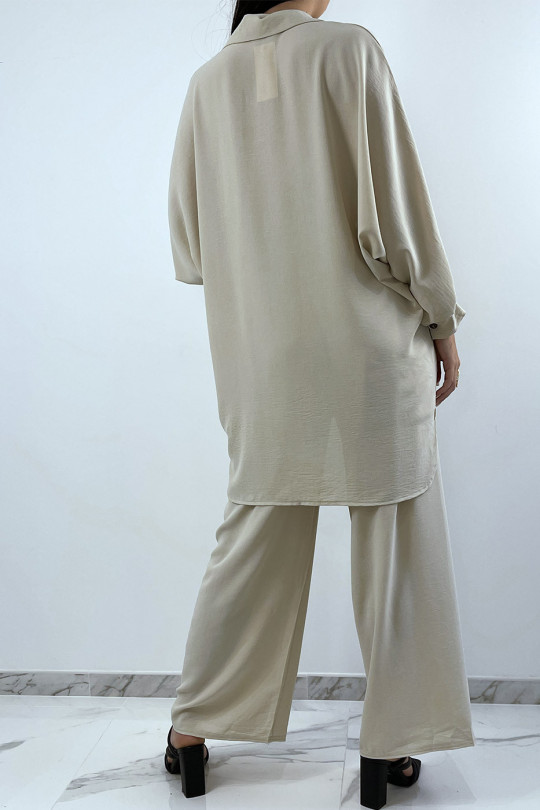 Loose and long shirt set in beige with palazzo pants - 3