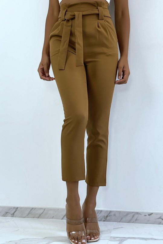 Camel high waist cargo pants with pockets and belt - 1