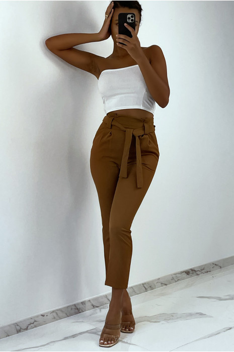 Camel High Waist Cargo Pants With Pockets And Belt