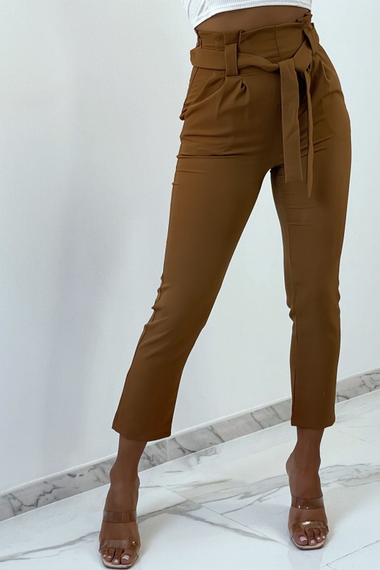 Camel high waist cargo pants with pockets and belt - 5
