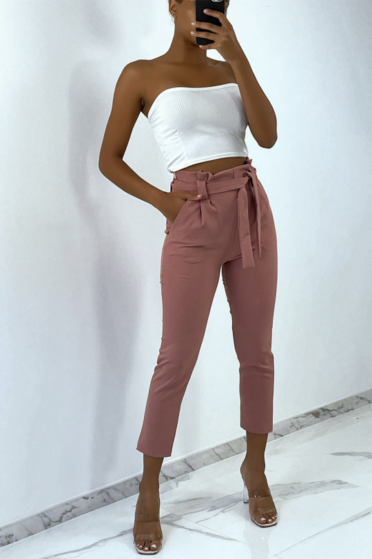 Pink high waist cargo pants with pockets and belt - 1