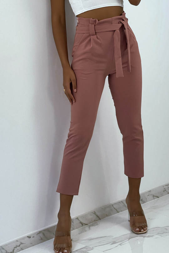 Pink high waist cargo pants with pockets and belt - 2