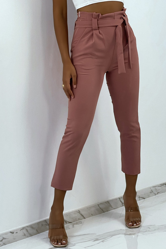 Pink high waist cargo pants with pockets and belt - 3