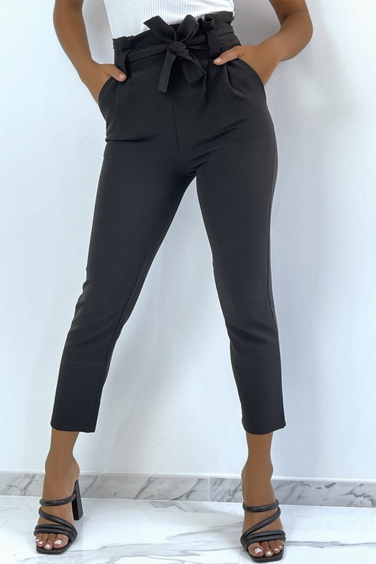 Black high waist cargo pants with pockets and belt - 1