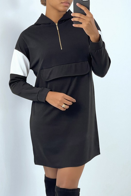 Black and white bi-color hooded sweatshirt dress with hood - 2